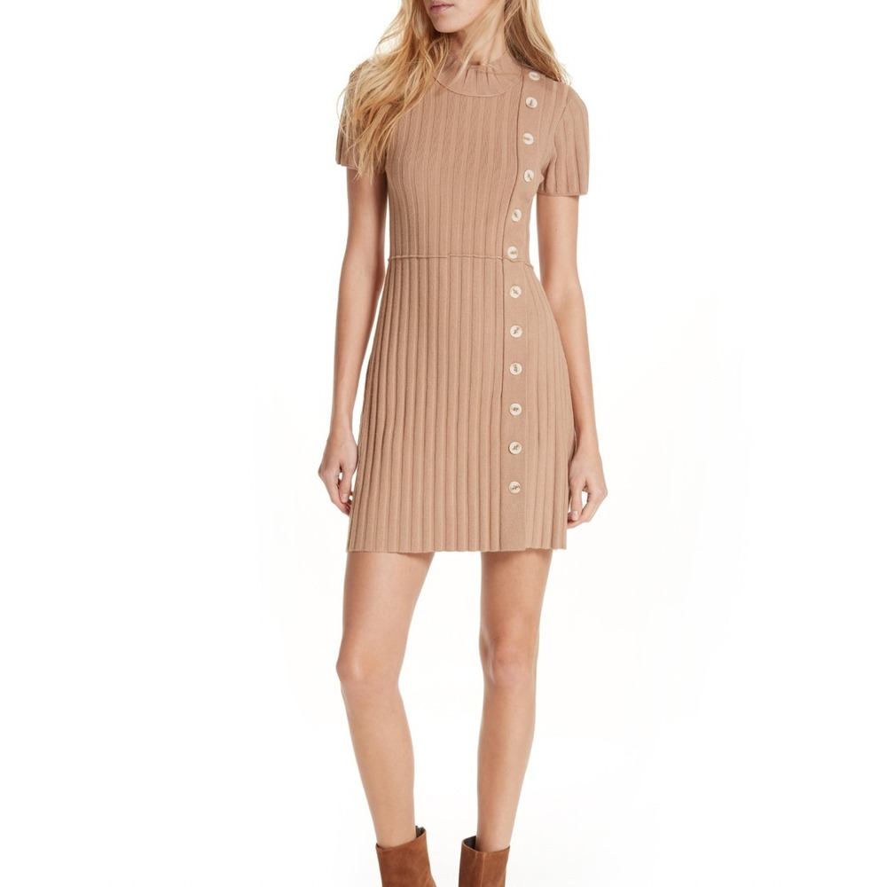 New Free People Womens Dress Beige Tan Lottie Rib Knit Button Sweater Dress Sz L